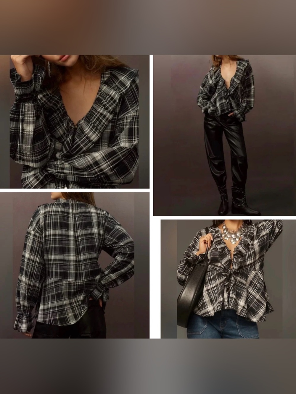 Anthropologie | Pilcro | Black & White Plaid Ruffle Button-Down Blouse | Size XL